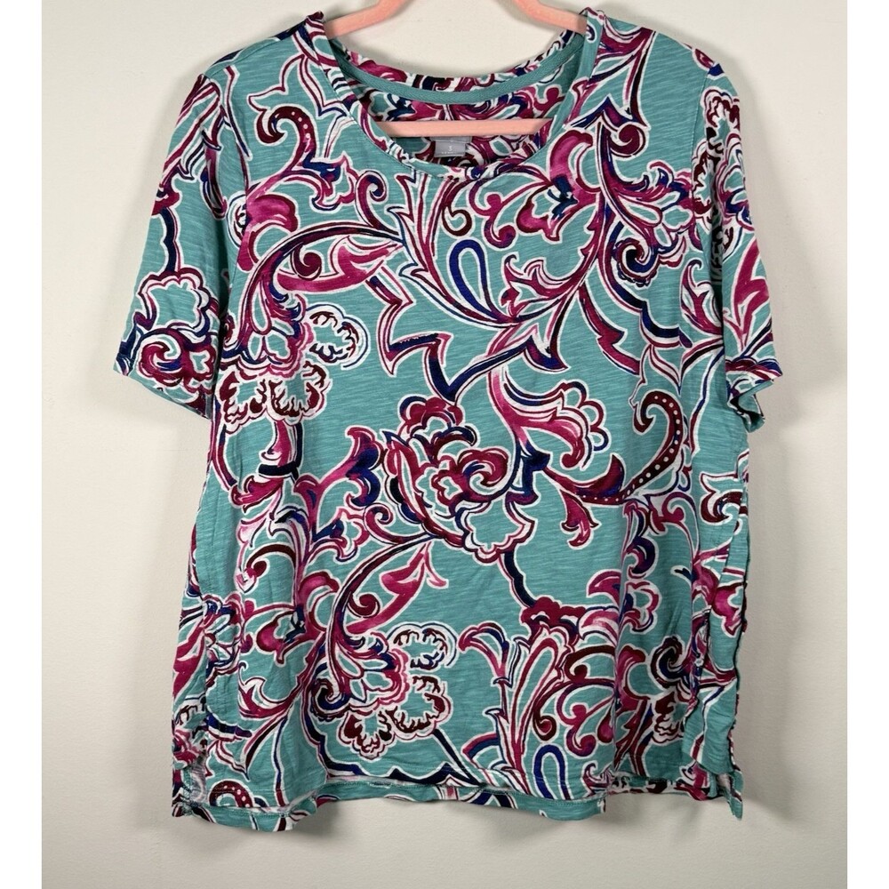 Chico's Turquoise Pink White Floral Crew Neck Short Sleeve Knit T-Shirt XL